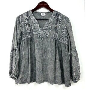 Chic Connection Women Embroidered Popover Top Long Sleeve V Neck Blouse M 1199N3